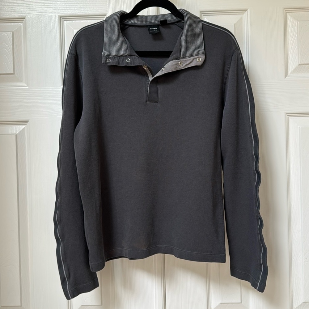 Hugo Boss Sweater Mens Large 1/4 Button Up Pullover Gray Sweatshirt